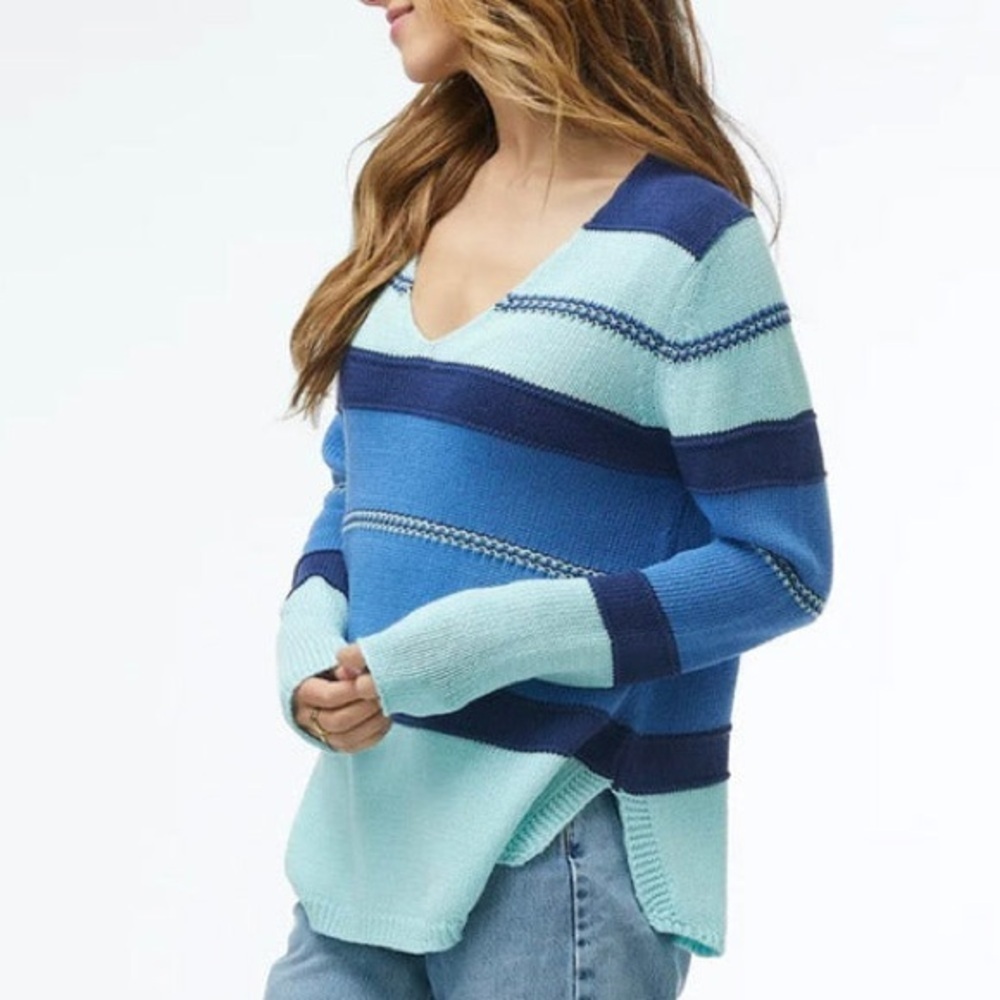 Zaket & Plover Aqua Blue Multi Cotton Knit V-Neck Pullover Cozy Sweater EUC Sz S